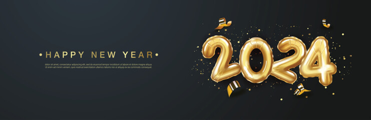 Wall Mural - 2024 Happy new year. realistic gold balloon numbers of 2024. on black background