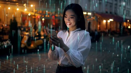 Wall Mural - Beautiful Smiling Woman Using Smartphone on a City Street at Night. Visualization of the Internet by information lines flying to the global digital network. Wireless communication network concept