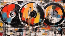 Generative AI, Grunge Vinyl Records, Pop Art Graffiti, Vibrant Color. Ink Melted Paint Street Art On A Textured Paper Vintage Background
