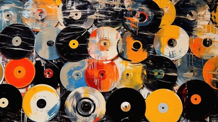 Generative AI, Grunge Vinyl Records, pop art graffiti, vibrant color. Ink melted paint street art on a textured paper vintage background