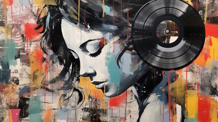 Wall Mural - Generative AI, Grunge Vinyl Records, pop art graffiti, vibrant color. Ink melted paint street art on a textured paper vintage background