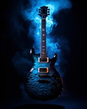 Blue Electric Guitar In Smoke. Beautiful Illustration Picture. Generative AI