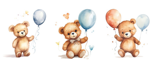sky cute bear cub with air balloon watercolor ai generated