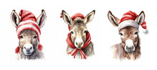 Funny Cute Donkey In Christmas Cloth Watercolor Ai Generated