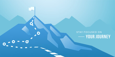 journey concept vector illustration of a mountain with path and a flag at the top, route to mountain