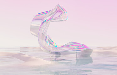 Poster - Abstract winter landscape scene with holographic iridescent glossy cloth. 3d rendering