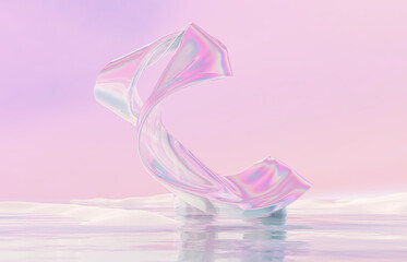 Poster - Abstract winter landscape scene with holographic iridescent glossy cloth. 3d rendering