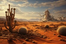 Surreal Landscape Of A Desert With Giant Cactus. Beautiful Illustration Picture. Generative AI