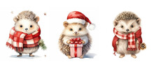Happy Cute Hedgehog In Christmas Cloth Watercolor Ai Generated