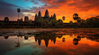 Angkor Wat, highly detailed, silhouette during sunrise, vibrant sky, ancient stone carvings