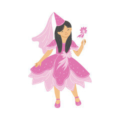 Wall Mural - Princess in pink dress with hat and veil, romantic fairy with magic wand, multi ethnic princesses vector collection