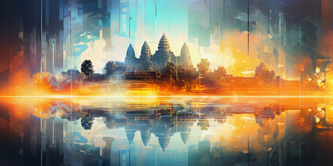 Abstract view of Angkor Wat, Cambodia, through refractions of a crystal prism, distorted and fragmented, surreal colors, dreamlike, mystical, dawn light