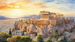 watercolor painting of the Acropolis of Athens at sunset, warm light hitting the columns, the city of Athens in the background, serene sky, textures of weathered stones