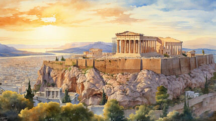 Wall Mural - watercolor painting of the Acropolis of Athens at sunset, warm light hitting the columns, the city of Athens in the background, serene sky, textures of weathered stones