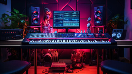 a neon - lit home studio, modern synth equipment glowing with LED lights, sleek and futuristic, clean minimal setup, dramatic contrast of light and shadow