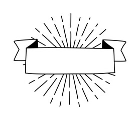 Wall Mural - Line vector black ribbon with sun rays. Banner icon, Web design element. Hand drawn illustration. Place for text for business, greeting card and holidays copy space