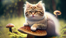 Cat Sitting On A Mushroom