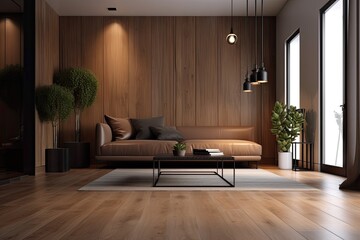 Sticker - Interior of a minimalist living room with a brown sofa, white and dark wooden walls, and a dark hardwood floor. Generative AI