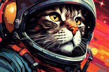 Close Up Portrait Of Cat In Space. Beautiful Illustration Picture. Generative AI