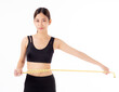 Portrait beautiful young asian woman measure tape with waist for weightloss with satisfied isolated white background, female in sportswear slimming shape with workout, sport and health care concept.
