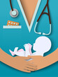 Obstetrics and gynecology background with newborn baby in hand of doctor