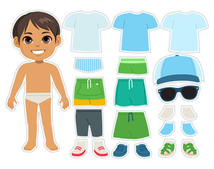 Wall Mural - Vector illustration of cute happy smiling kid boy with fashionable clothes. Paper doll game outfit constructor