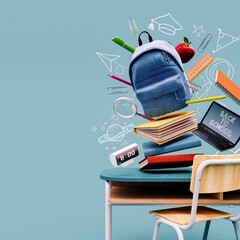 school desk with bag and school accessory on blue background with copy space 3d rendering, 3d illust