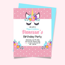 Greeting Cards Template With Floral Unicorn. Template For Holidays, Invitations, Business And Social Media. Bright Polka Dot Pattern. Place For Text. Vector Illustration.