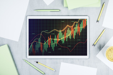 Aufkleber - Modern digital tablet monitor with abstract creative financial chart, research and analytics concept. Top view. 3D Rendering