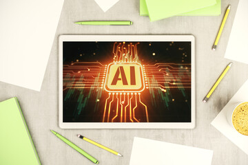 Poster - Creative artificial Intelligence symbol concept on modern digital tablet screen. Top view. 3D Rendering