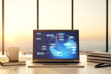 Fototapete - Computer monitor with abstract creative programming illustration and world map, big data and blockchain concept. 3D Rendering