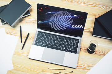 Poster - Computer monitor with abstract creative fingerprint illustration, personal biometric data concept. 3D Rendering