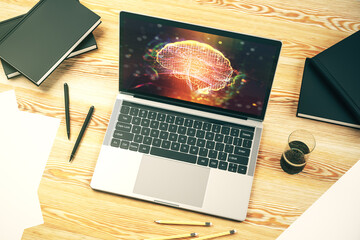 Poster - Modern computer display with creative human brain microcircuit. Future technology and AI concept. 3D Rendering