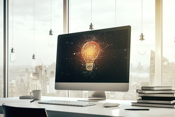 Poster - Modern computer monitor with creative light bulb hologram, research and development concept. 3D Rendering