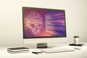 Poster - Modern computer monitor with creative code skull hologram. Malware and cyber crime concept. 3D Rendering