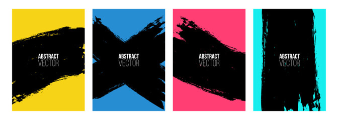 Poster - Set of color abstract backgrounds with black brush strokes for creative graphic design. Cover templates collection. Vector illustration.