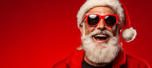 Merry Christmas Holiday Vacation Winter Greeting Card - Cool Hipster Santa Claus With Sunglasses, Isolated On Red Background (Generative Ai)