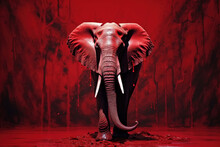 Red Elephant With Tusks In Pool Of Blood. Ecological Problem Extermination Of Rare Animals, Hunting, Poaching Concept