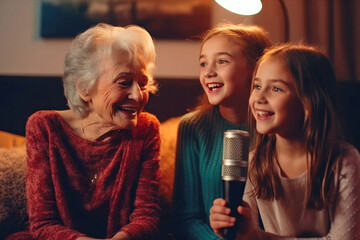 Grandmother and granddaughters sing karaoke