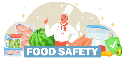 Food safety poster with happy chef character in uniform