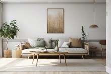 Large, White Living Space. Grey Sofa And Wooden Table Set, Mock Up And Copy Space Wall, Home Design. Generative AI