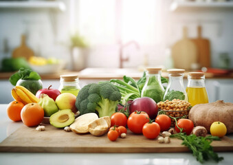 Selection of organic fresh fruits and vegetables on light kitchen table.AI Generative.