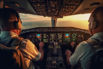 Cockpit with pilots during aircraft control
