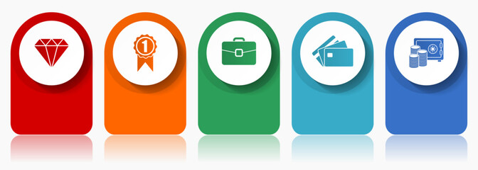 Poster - Shopping icon set, miscellaneous vector icons such as diamond, badge, case, credit card and money, modern design infographic template, web buttons in 5 color options
