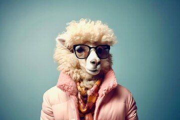 Wall Mural - Playful sheep wearing glasses and a pink jacket. Generated AI.