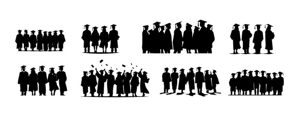 Group of people graduation silhouette isolated on white background. University or college student graduate celebration vector illustration