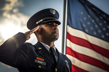 A Officer In A Uniform Saluting In Front Of A USA Flag Under Blue Sky