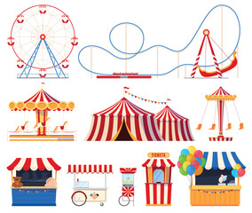 Fair with amusement park attractions. Children carousels, circus tent, extreme attractions. Fun pastime on a holiday weekend. Vector illustration