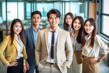 Confident Asian businesspeople in powerful poses, donning business suits, symbolizing a dynamic corporate team. Captivating unity and professionalism. generative AI.