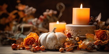 Autumn And Halloween Decor With Dried Orange Flowers, Pumpkin And Burning Candles